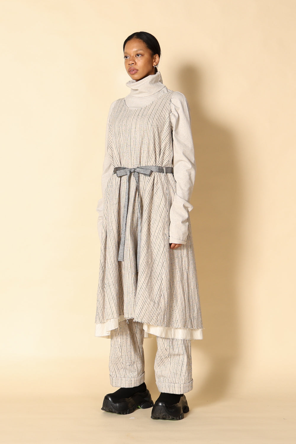 Random Stripe Cotton Layered Sleeveless Dress – Black / OP11W-LC48-999