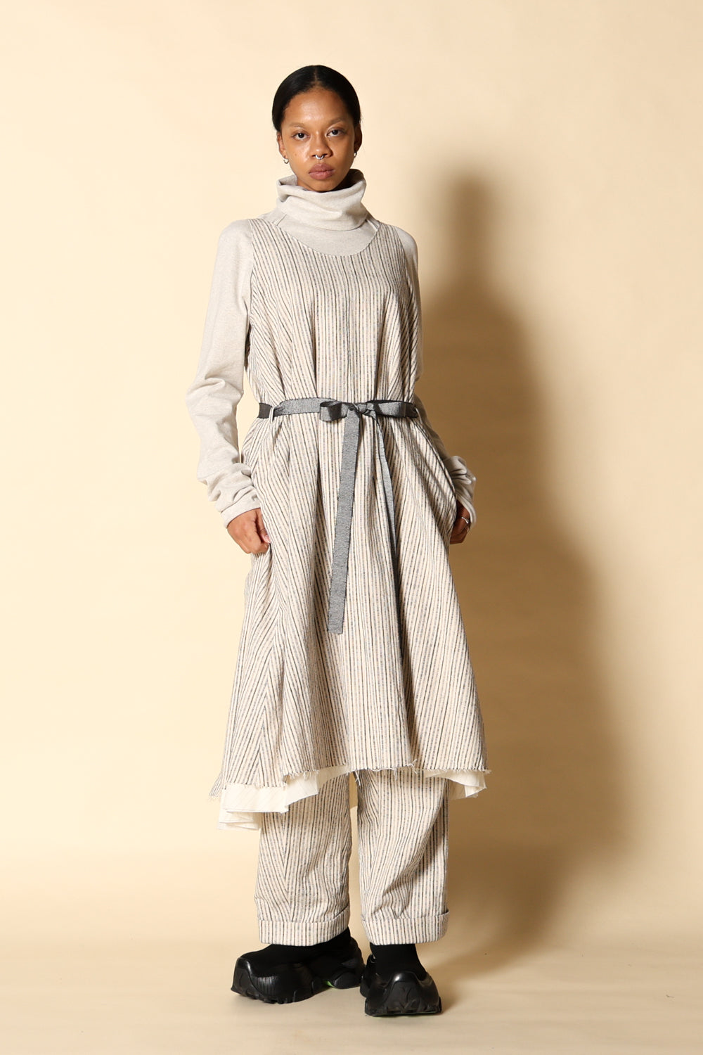 Random Stripe Cotton Layered Sleeveless Dress – Black / OP11W-LC48-999